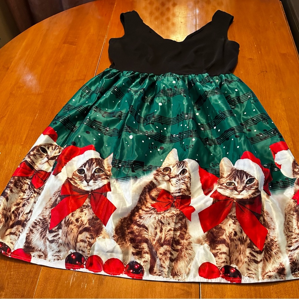 Festive Cat Print Dress - Black and Green